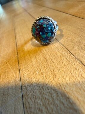Handmade silver ring with Mojave Turquoise. Delicate detailed design